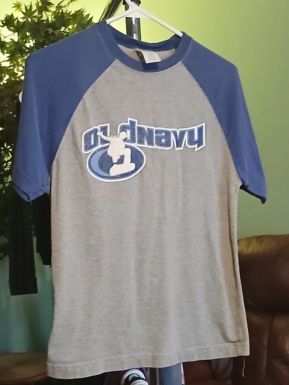 Old Navy Gray and Blue Raglan Logo Tee
